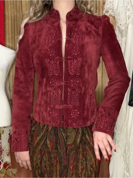 Vintage 90’s Women's Leather Jacket - Burgundy - Picture 4 of 8